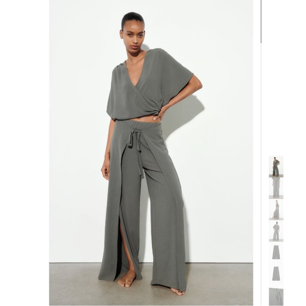 ZARA - 2 PIECE FLOWY WRAP TOP AND FLUID PAREO PANTS, GRAY